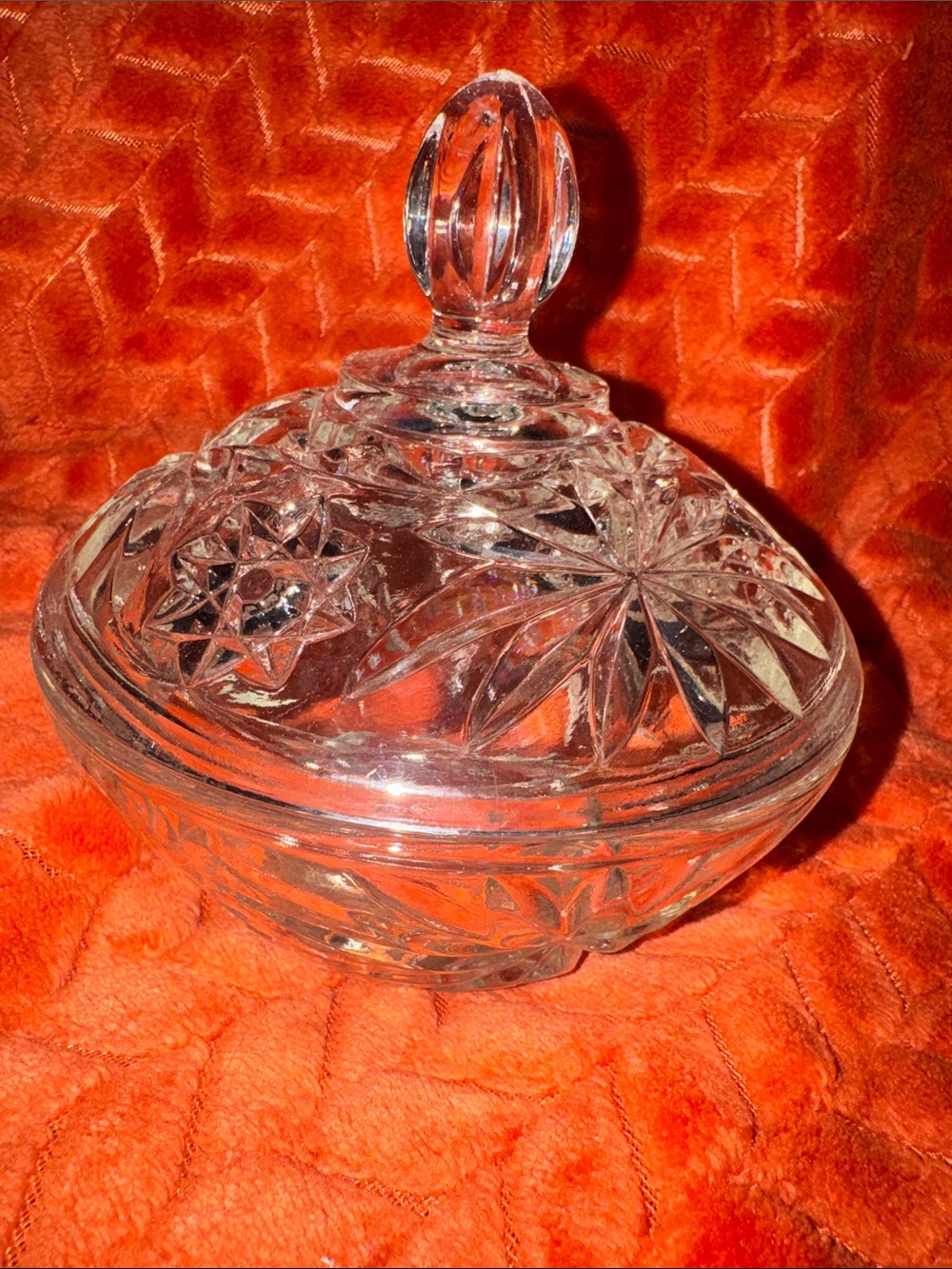 Vintage Heavy Cut Crystal Candy Dish with Lid Starburst Hobstar Pattern
